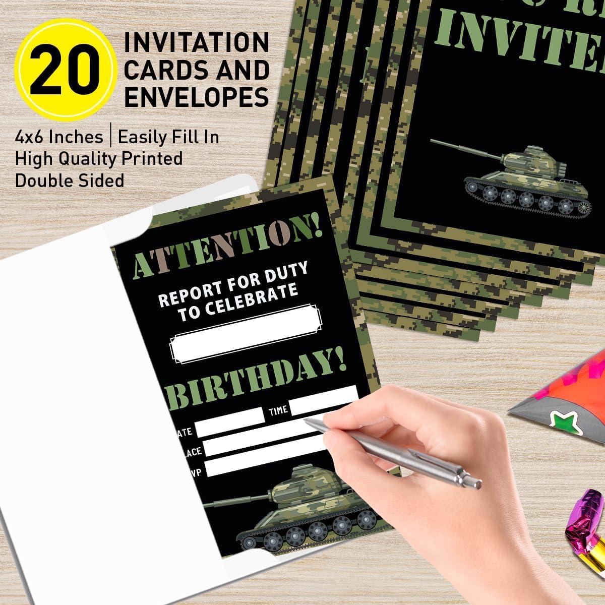 Invitaciones de Cumpleaños UDNADKEX Camo Militar 20 Unidades 10x15 cm