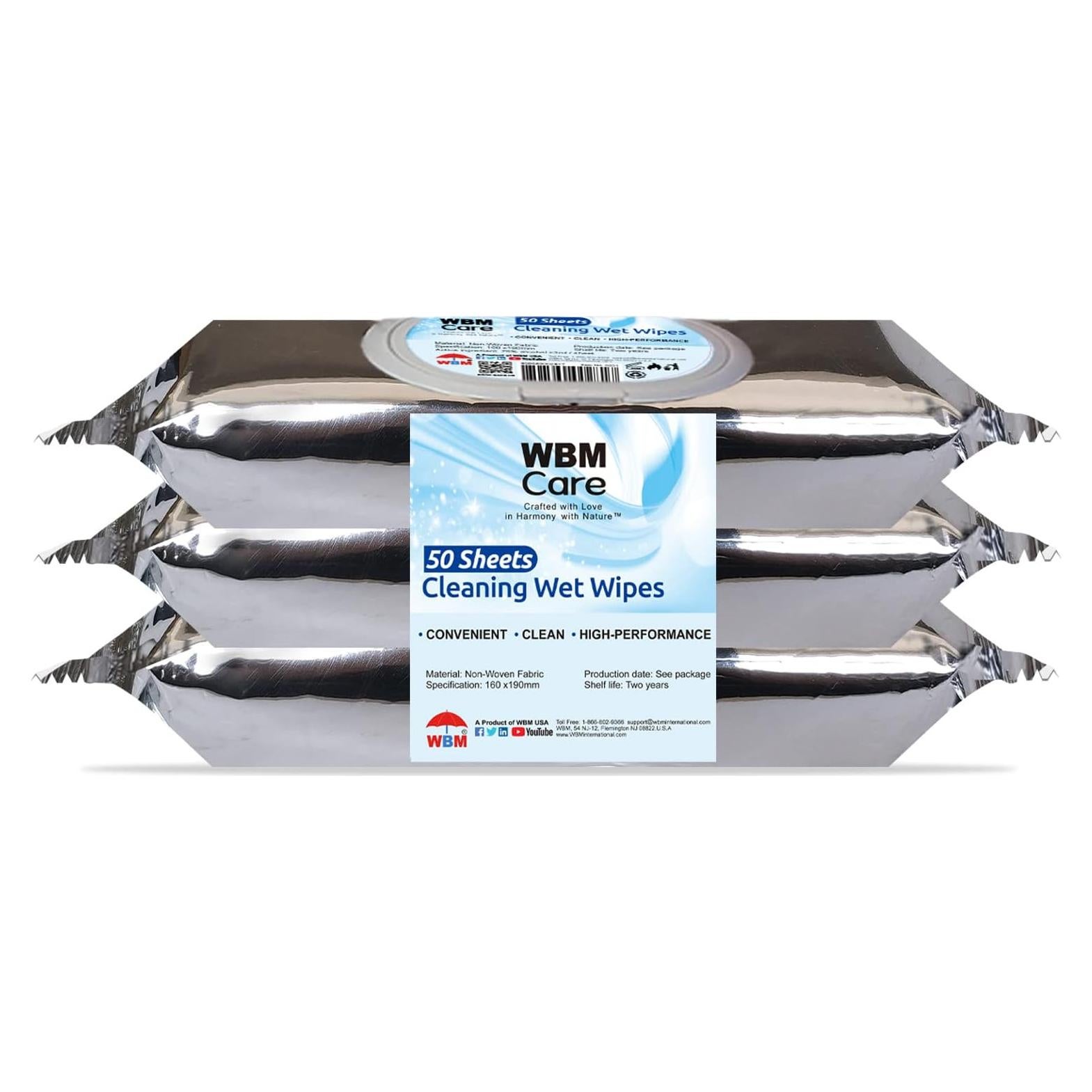 Toallitas de limpieza WBM, 50 hojas, sin fragancia, 3 paquetes