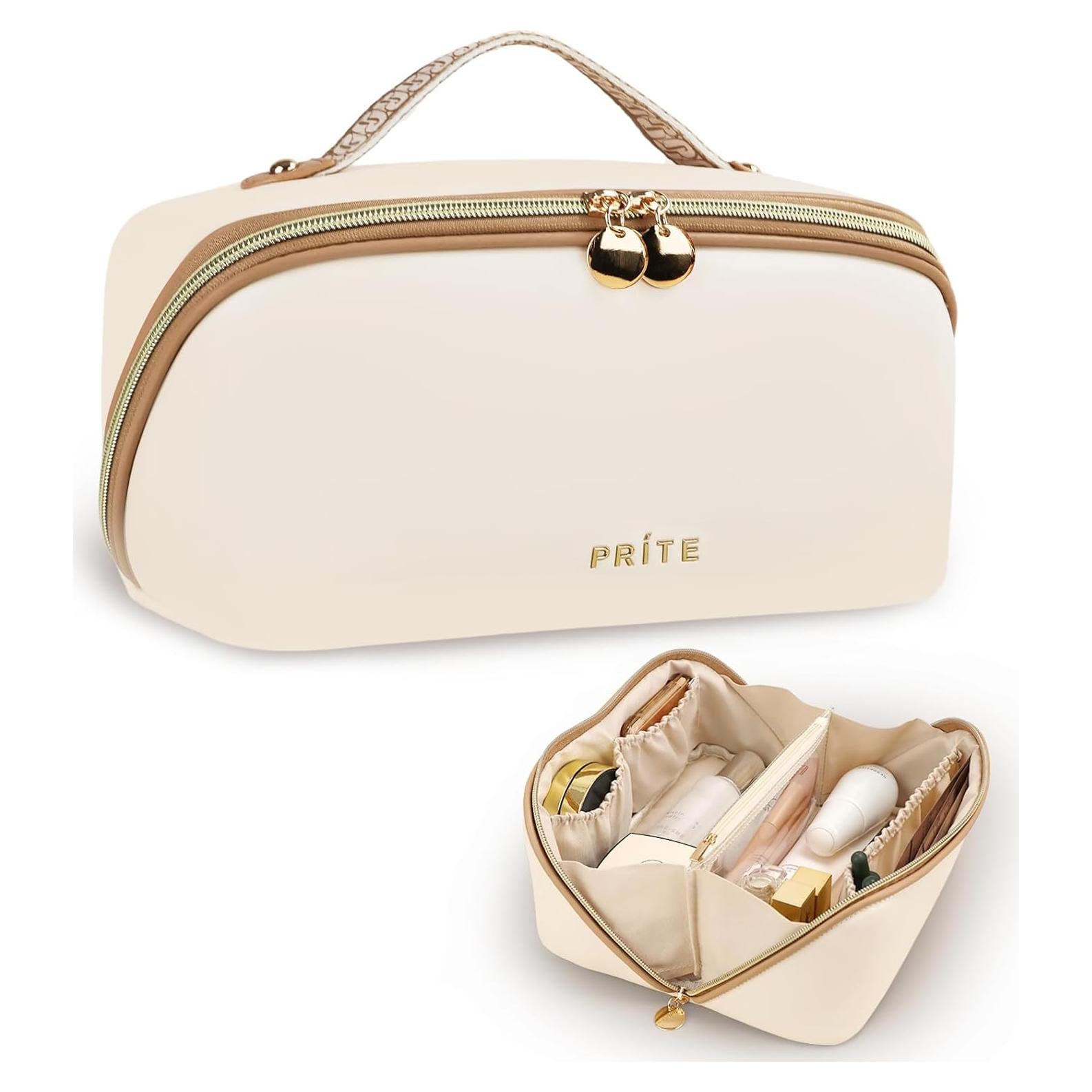 Bolsa de Maquillaje Prite Grande Beige Impermeable con Divisor