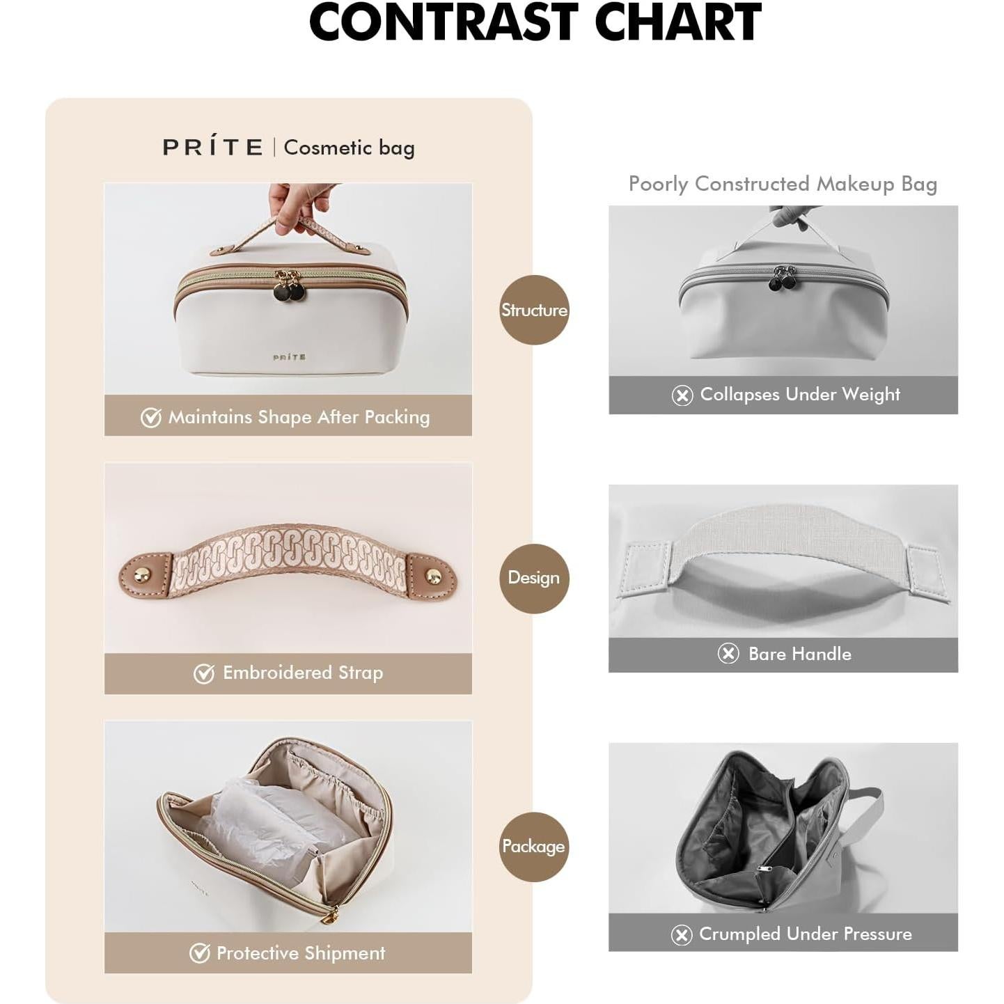 Bolsa de Maquillaje Prite Grande Beige Impermeable con Divisor