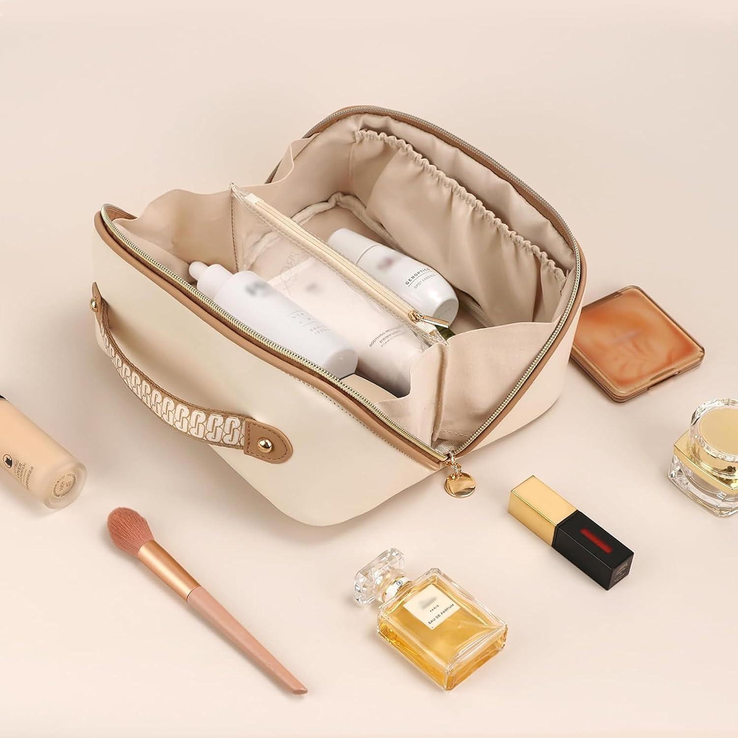 Bolsa de Maquillaje Prite Grande Beige Impermeable con Divisor