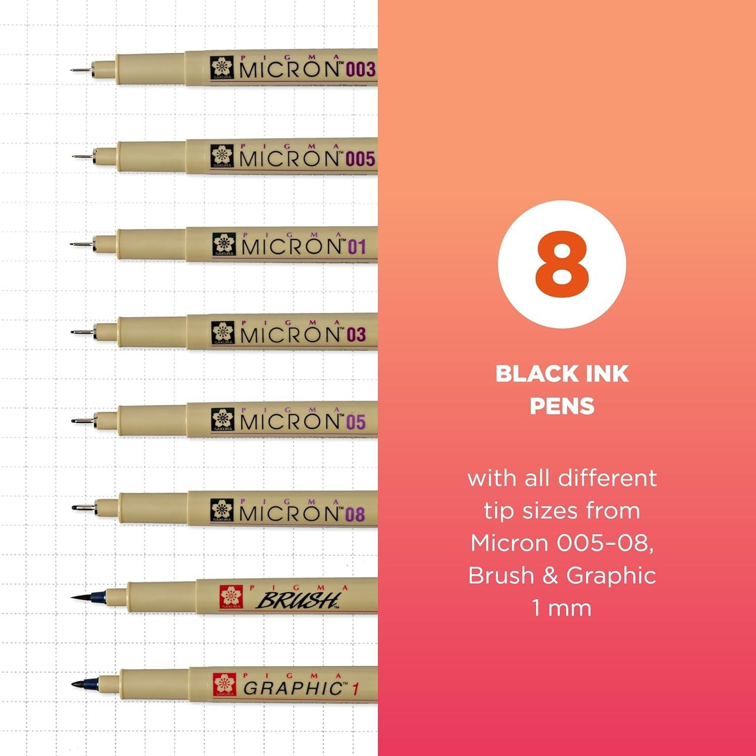 Plumas Pigma Micron Sakura - 8 Tintas Negras Archival
