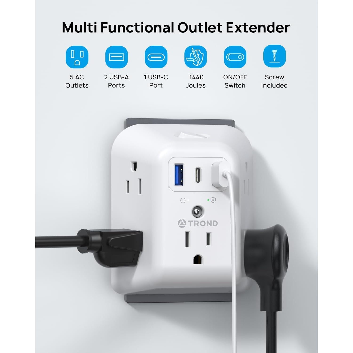 Extensor de Enchufe TROND 5 Salidas CA y 3 USB (1 USB C)