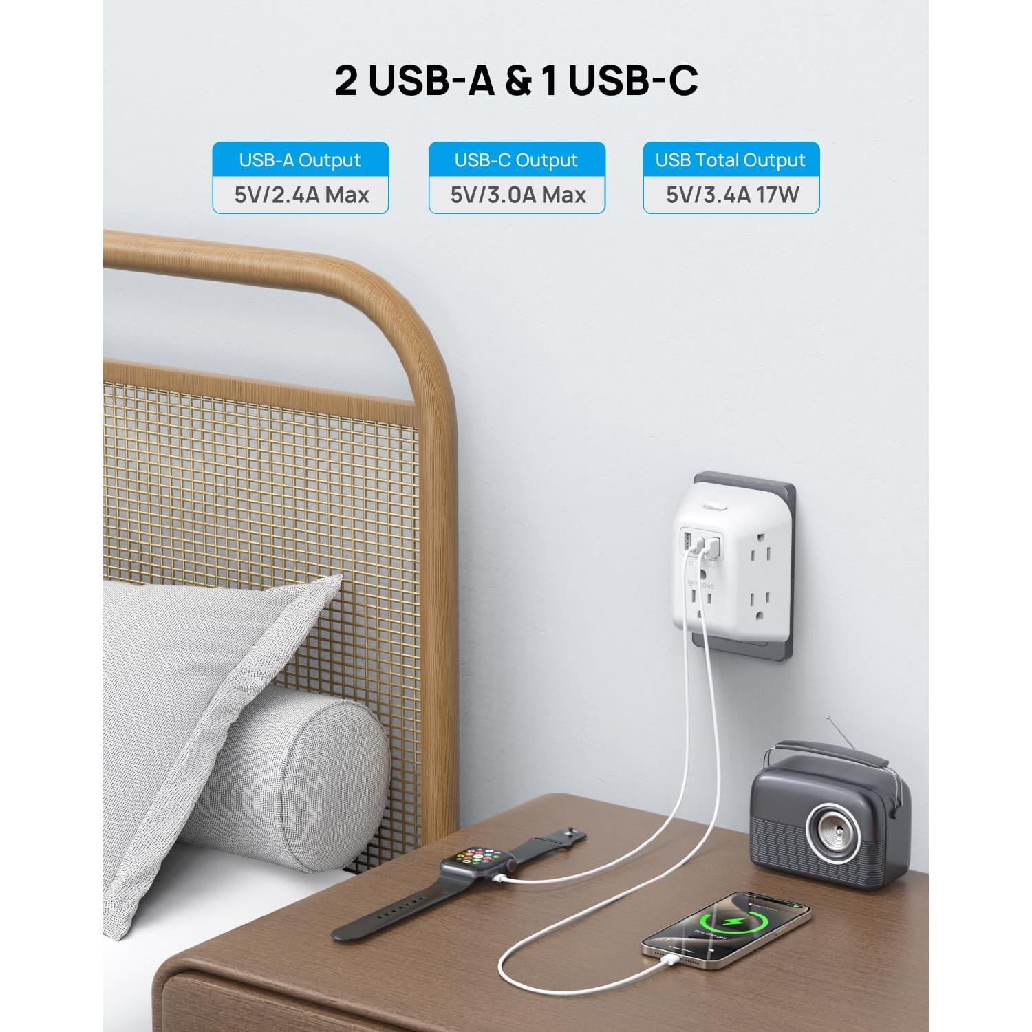 Extensor de Enchufe TROND 5 Salidas CA y 3 USB (1 USB C)