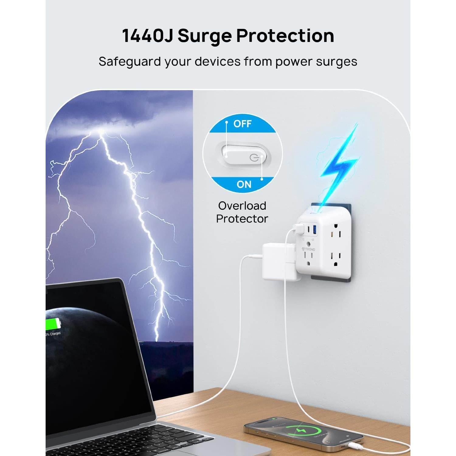 Extensor de Enchufe TROND 5 Salidas CA y 3 USB (1 USB C)