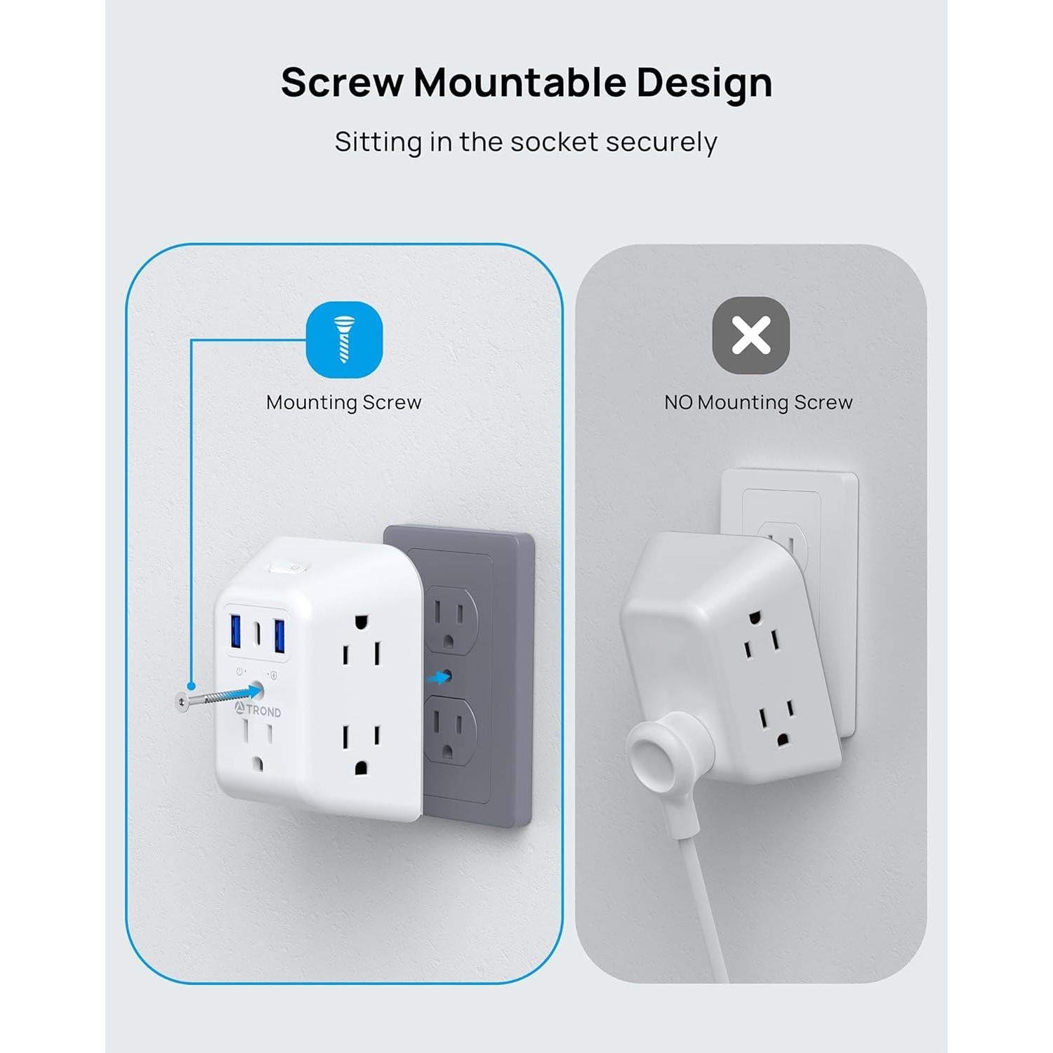 Extensor de Enchufe TROND 5 Salidas CA y 3 USB (1 USB C)