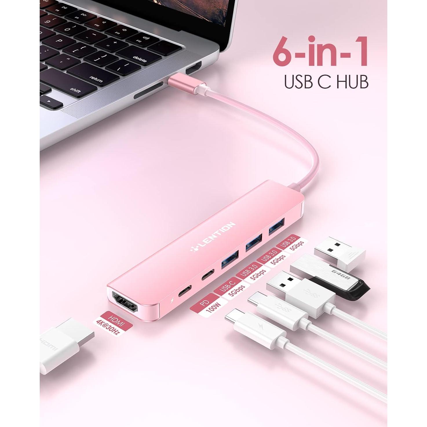 Hub USB C Lention CE35s 6 en 1 con HDMI 4K y 3 USB-A