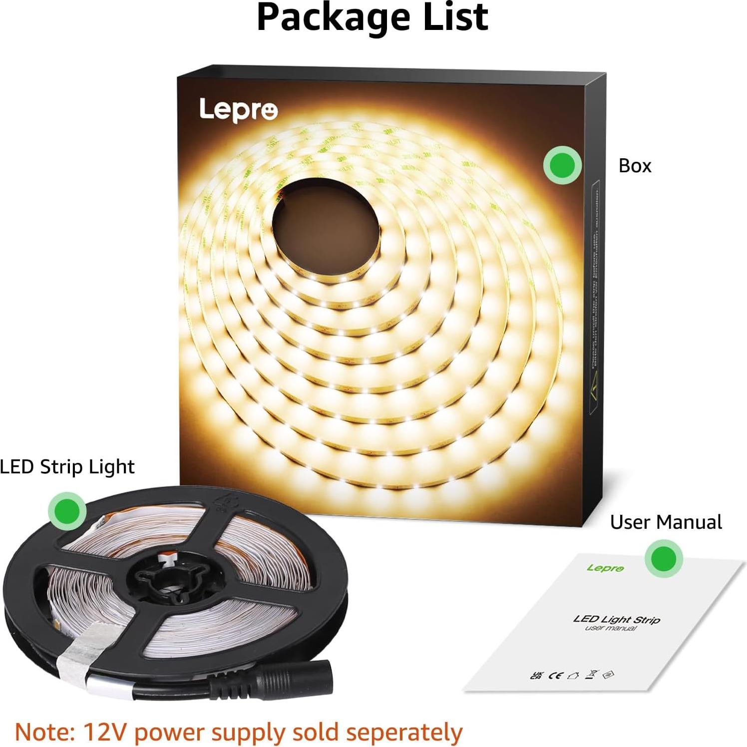 Tira LED 5m Lepro 12V Blanco Cálido 3000K SMD 2835