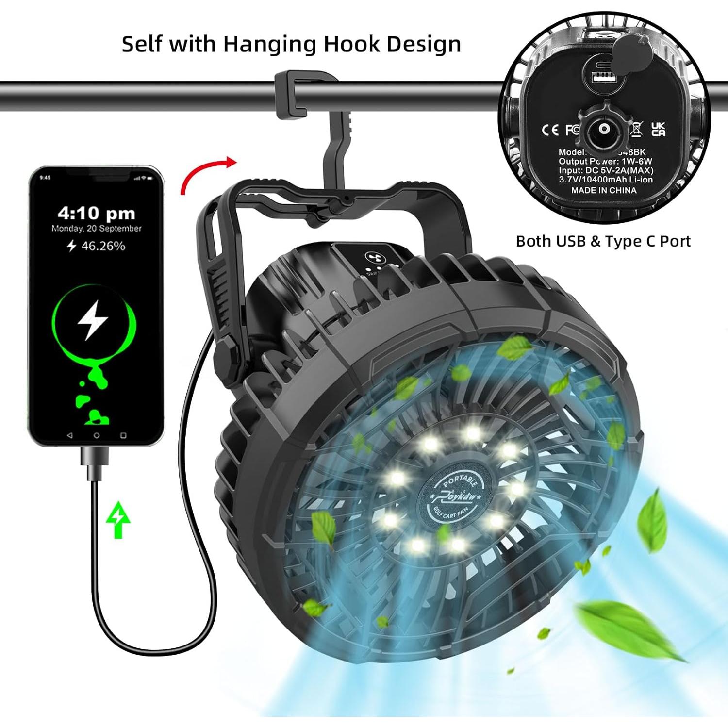 Ventilador Recargable Portátil Roykaw G-0545 para Carro de Golf