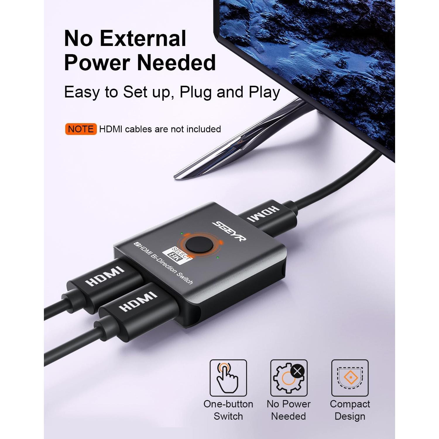 Interruptor HDMI 2.1 SGEYR 8K Bi-Direccional 2 en 1 Ultra HD