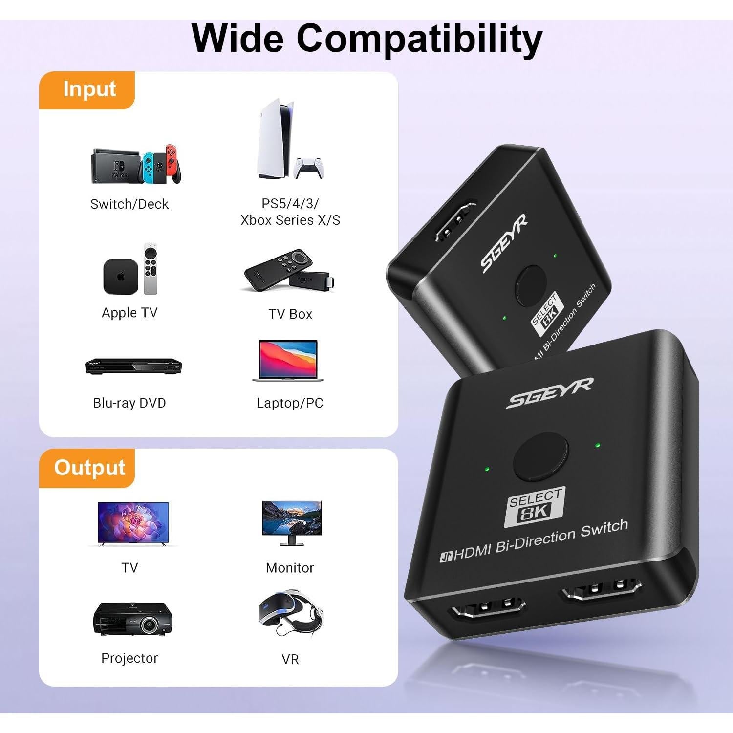 Interruptor HDMI 2.1 SGEYR 8K Bi-Direccional 2 en 1 Ultra HD