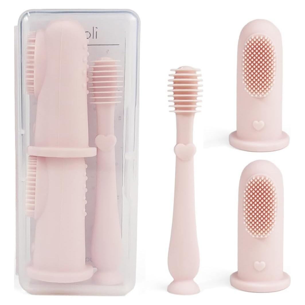 Conjunto de Cuidado Oral Ali+Oli Bebé Rosa - 2 Cepillos Dedo y Limpiador