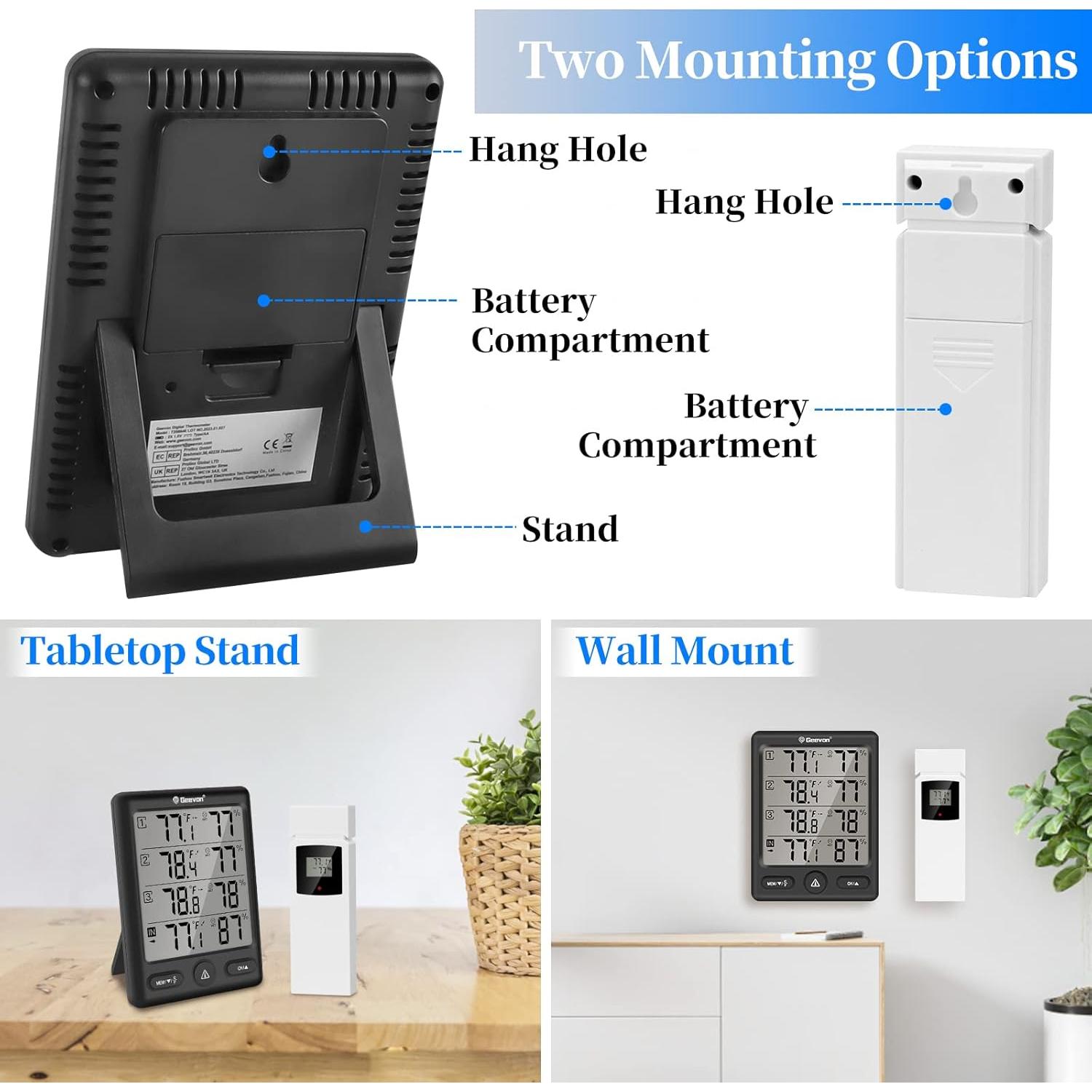Termómetro Digital Inalámbrico Geevon con 3 Sensores - Interior/Exterior