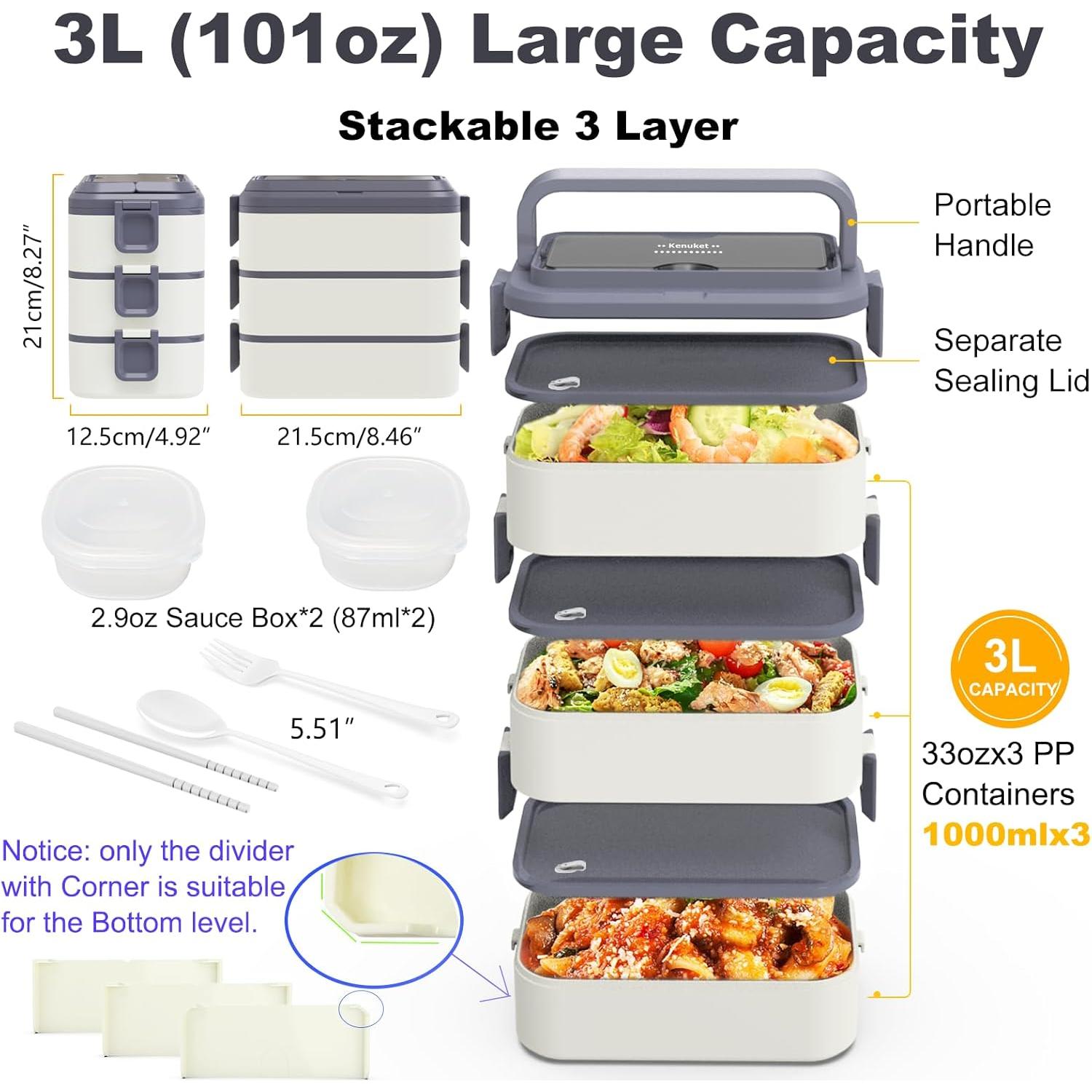 Caja Bento Apilable Kenuket 3000ml 3 Capas A Prueba de Fugas