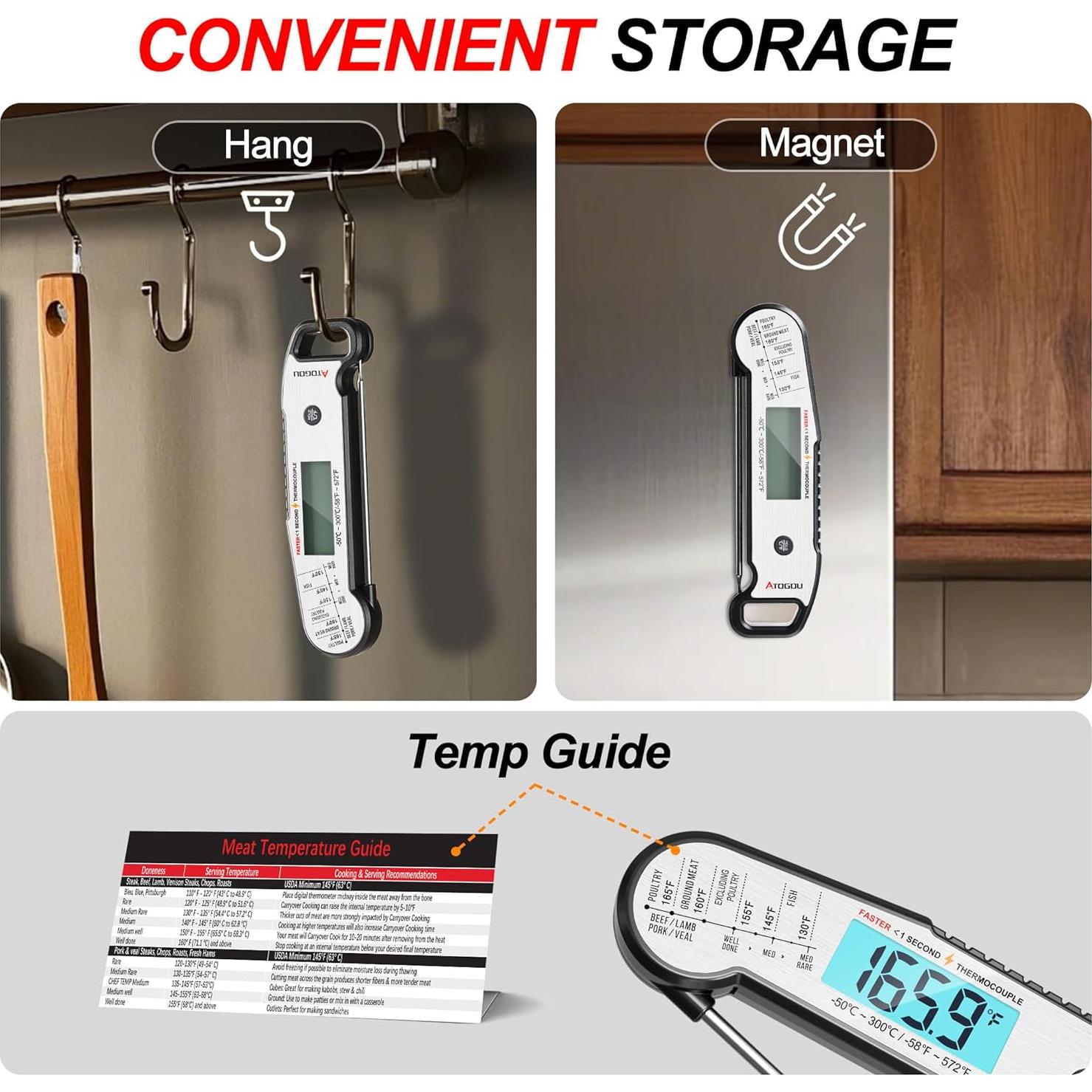 Termómetro Digital de Alimentos ATOGOU Rojo, Precisión ±0.3°C