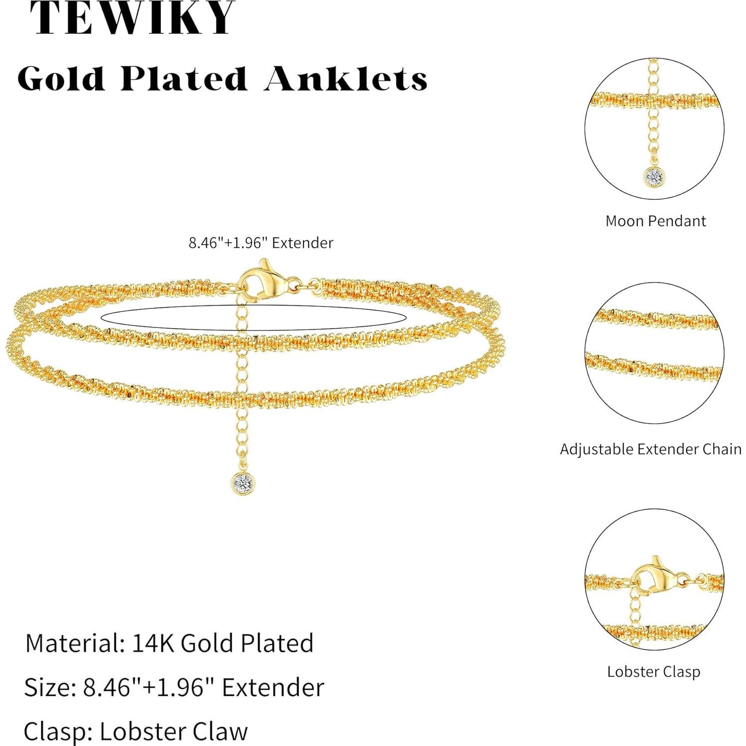 Pulsera de Tobillo Tewiky de Plata Esterlina Ajustable Dorada