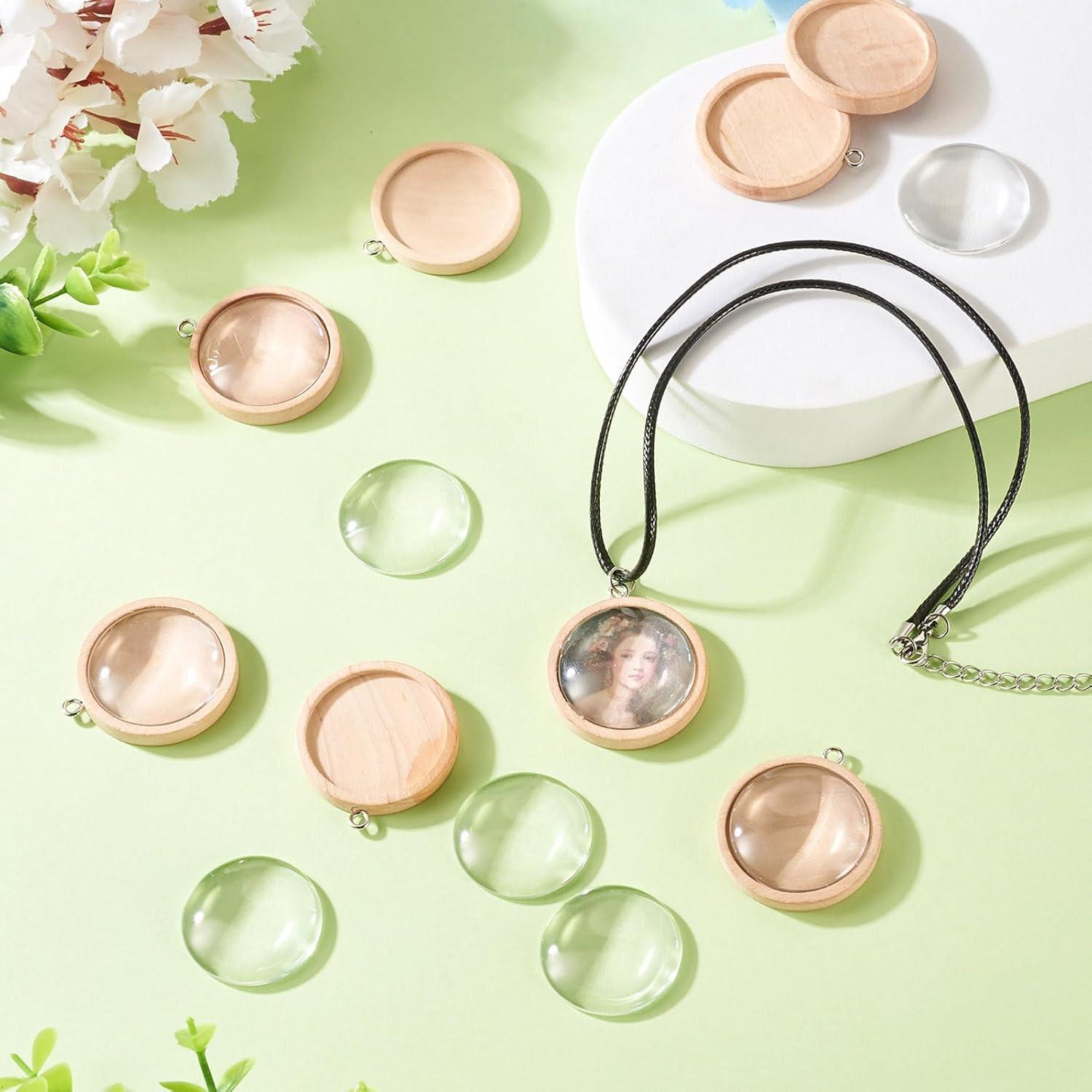 Juego de 10 Bandejas Redondas de Madera Pandahall 30mm con Cabochones de Vidrio