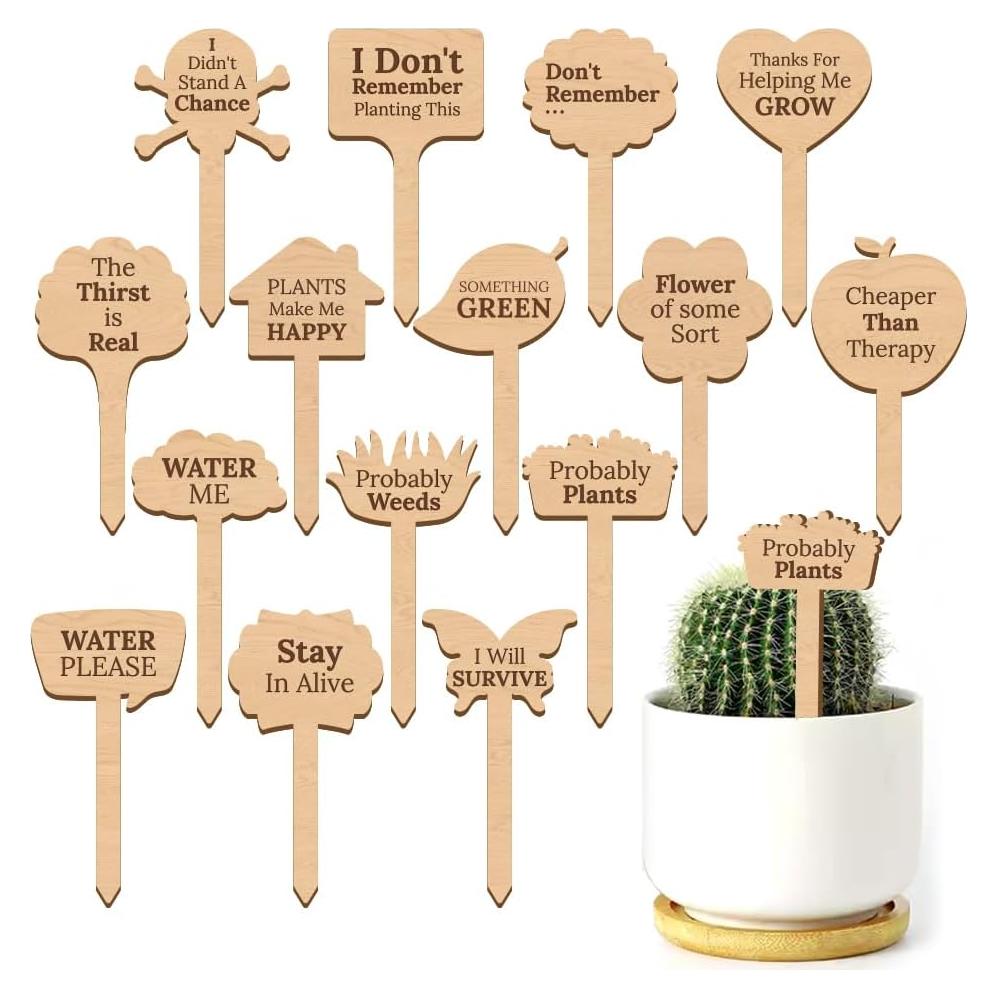 15 Etiquetas de Plantas de Madera GOMAKERER - 15 Estilos Divertidos