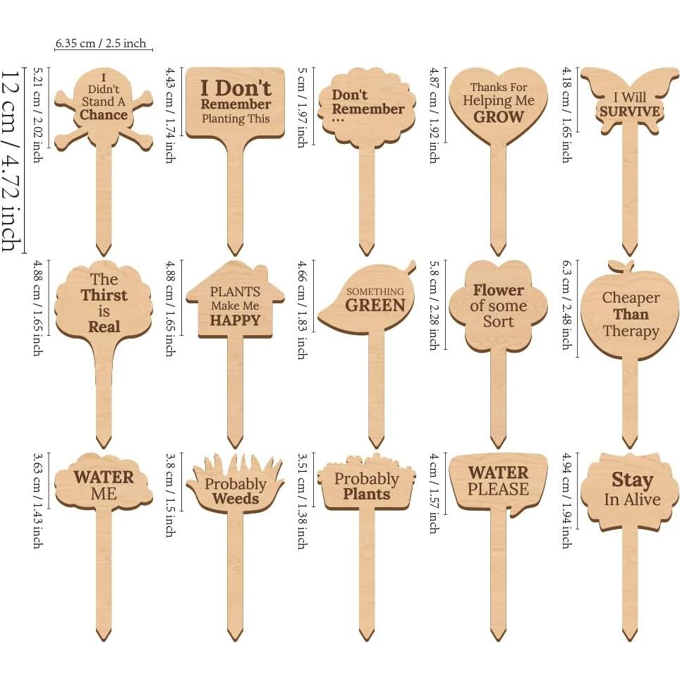 15 Etiquetas de Plantas de Madera GOMAKERER - 15 Estilos Divertidos