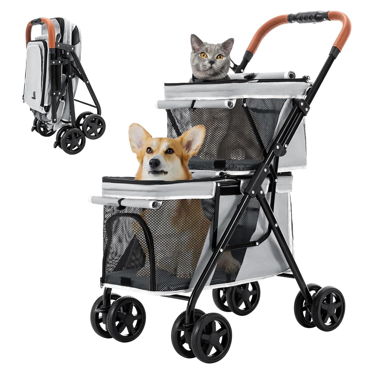 Carrito Doble para Mascotas LPOTIUS Gris Plegable 20 kg
