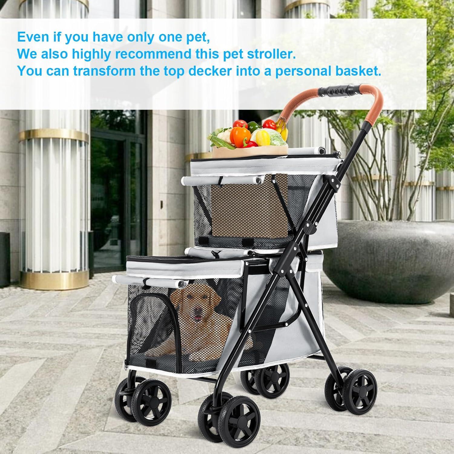 Carrito Doble para Mascotas LPOTIUS Gris Plegable 20 kg