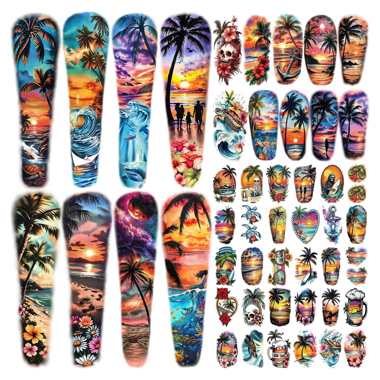 48 Tatuajes Temporales de Manga Completa Metuu - Diseños Tropicales