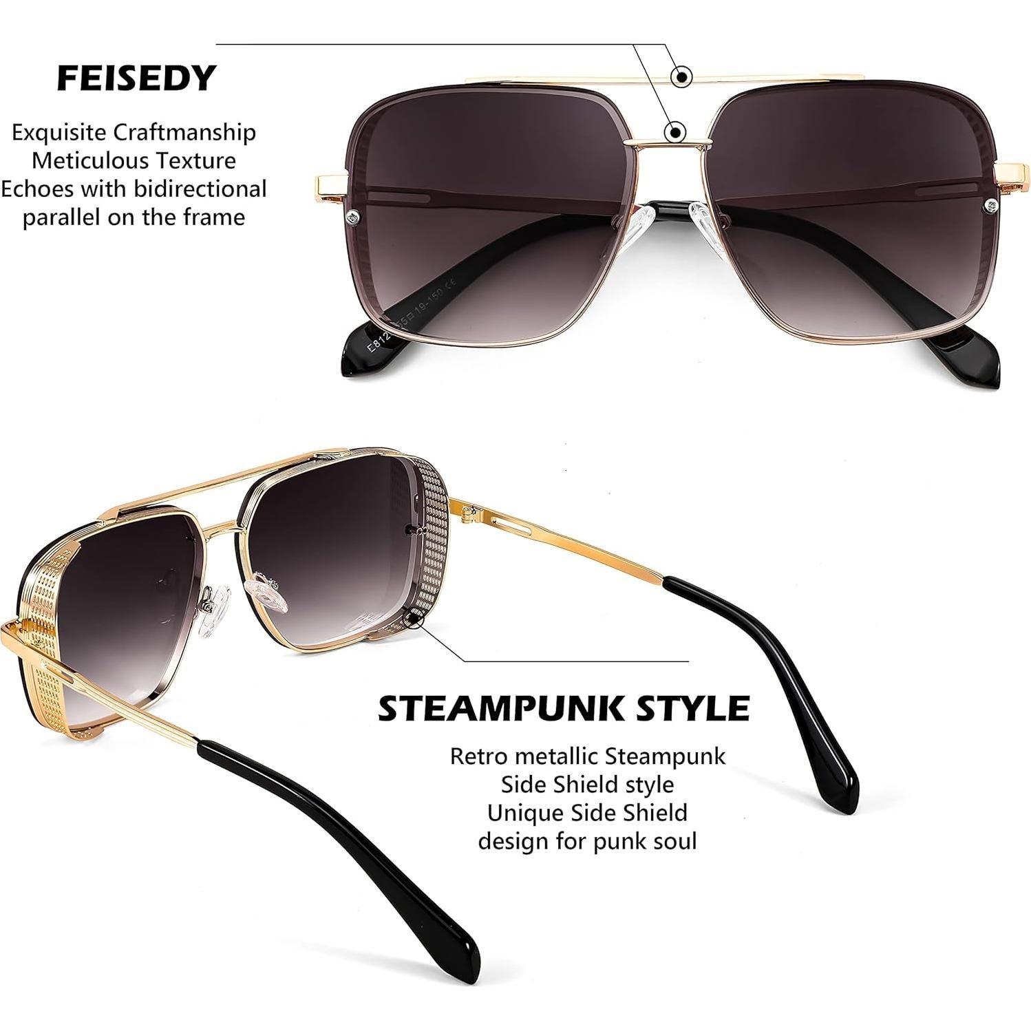 Gafas de sol FEISEDY steampunk cuadradas UV400 para hombres y mujeres