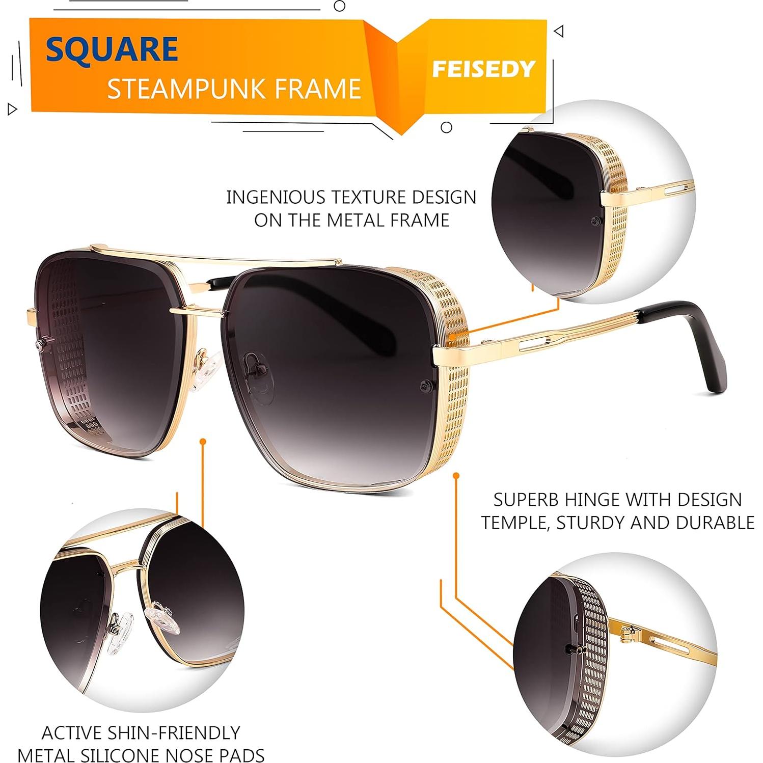 Gafas de sol FEISEDY steampunk cuadradas UV400 para hombres y mujeres