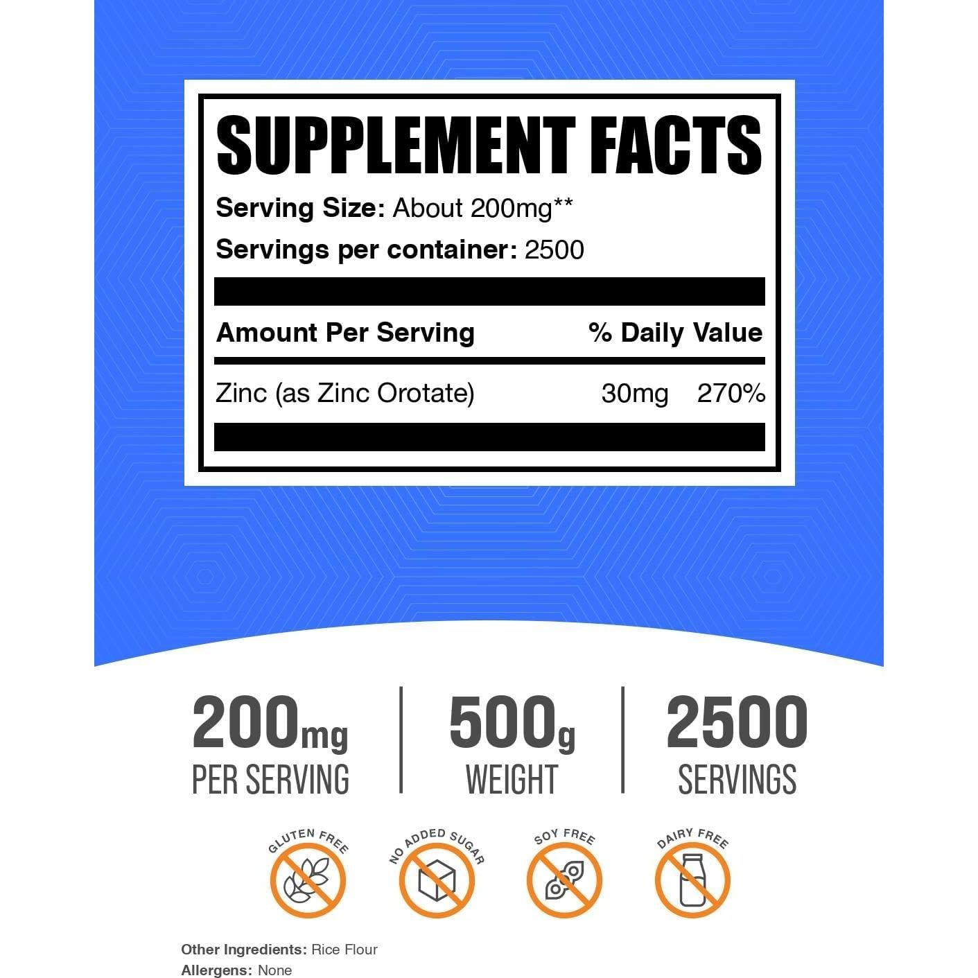 Polvo de Orotato de Zinc BulkSupplements 500g - Suplemento Inmunológico