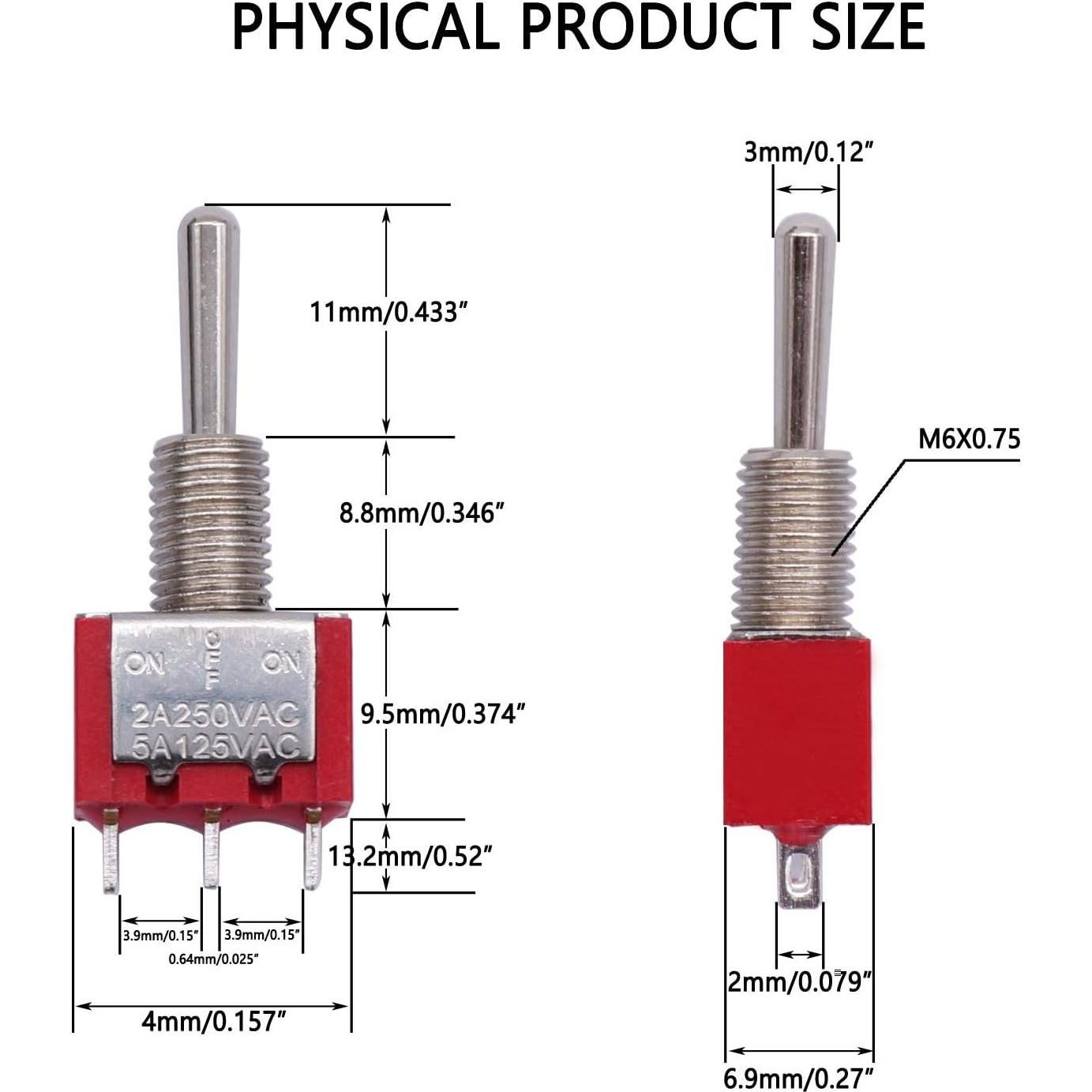 Interruptor Basculante Twidec 10 Pcs SPST 2 Pines ON/OFF 125V