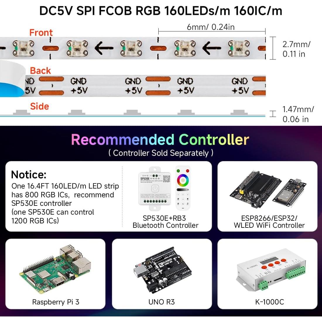 Cinta LED RGB 5m 160 LEDs/m WS2812B 2.7mm Ancho IP30