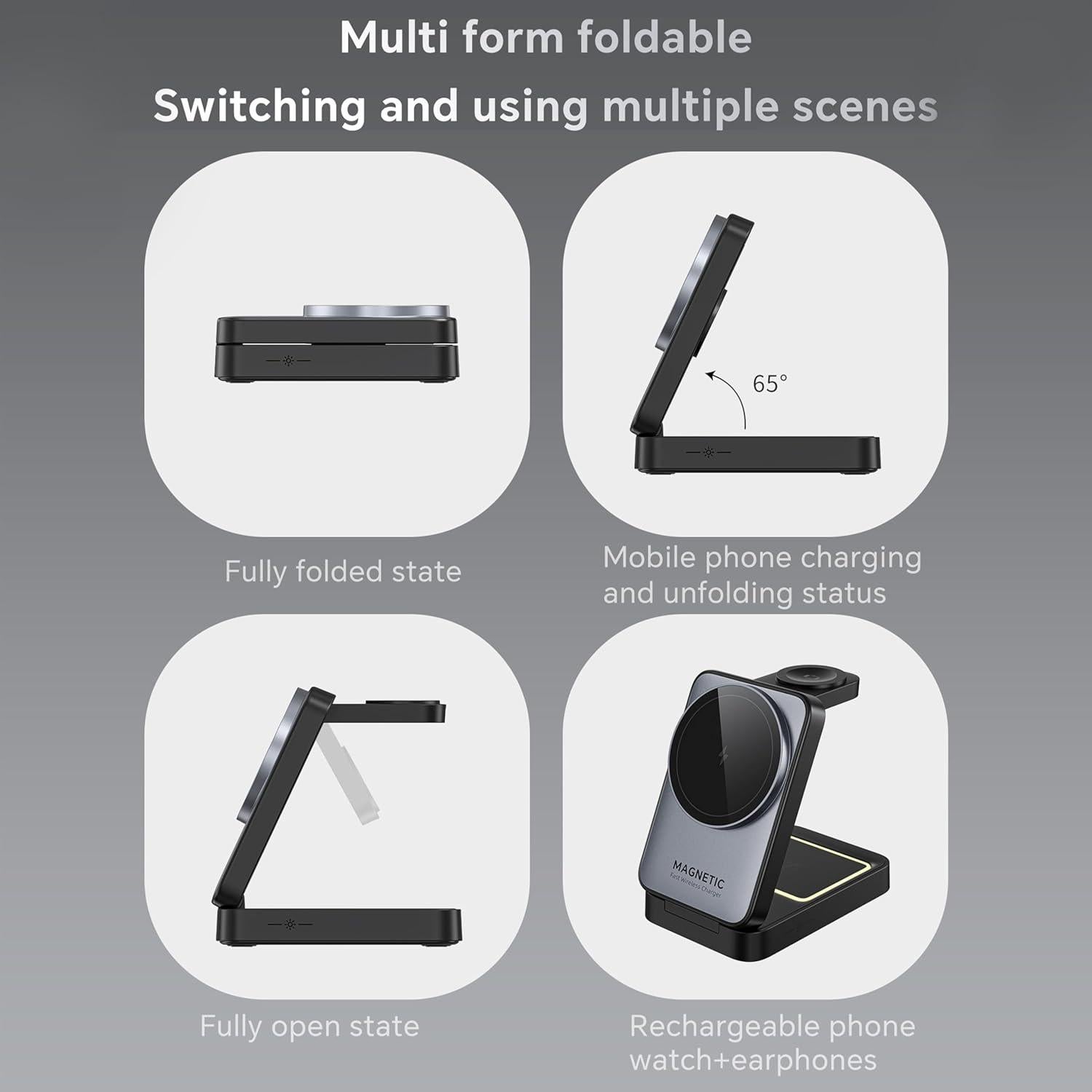 Cargador Inalámbrico 3 en 1 Takzop Negro 15W Plegable