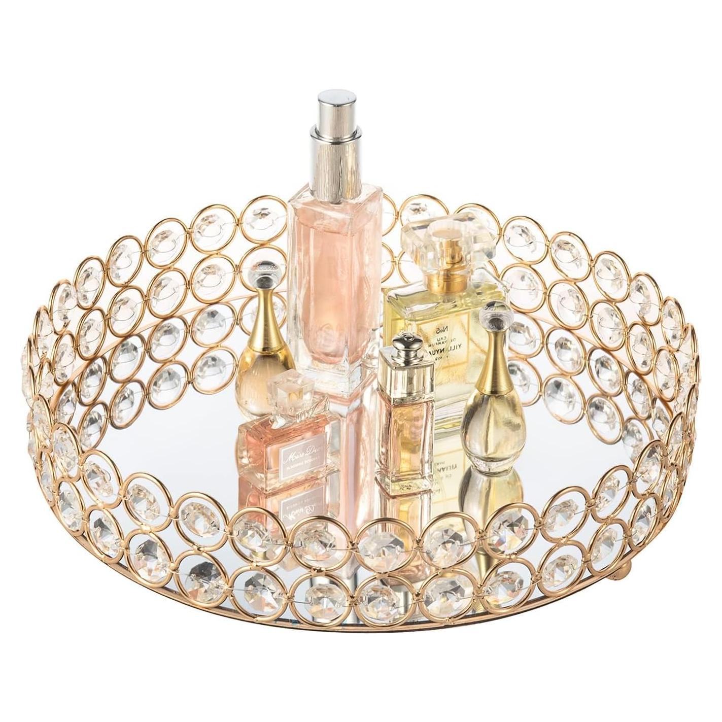 Bandeja de Maquillaje Feyarl de Cristal Redonda 25 cm Dorada