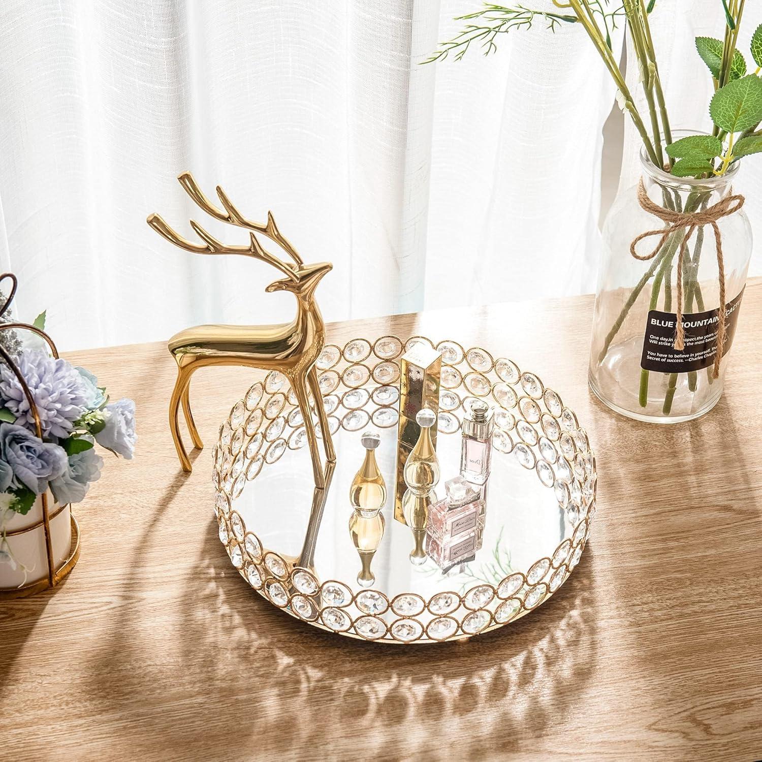 Bandeja de Maquillaje Feyarl de Cristal Redonda 25 cm Dorada