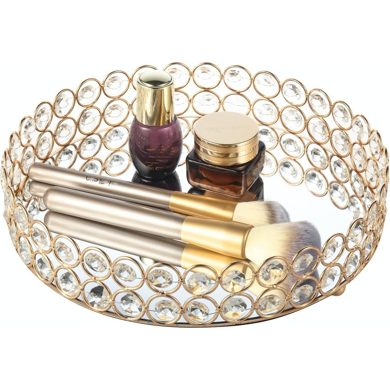 Bandeja de Maquillaje Feyarl de Cristal Redonda 25 cm Dorada