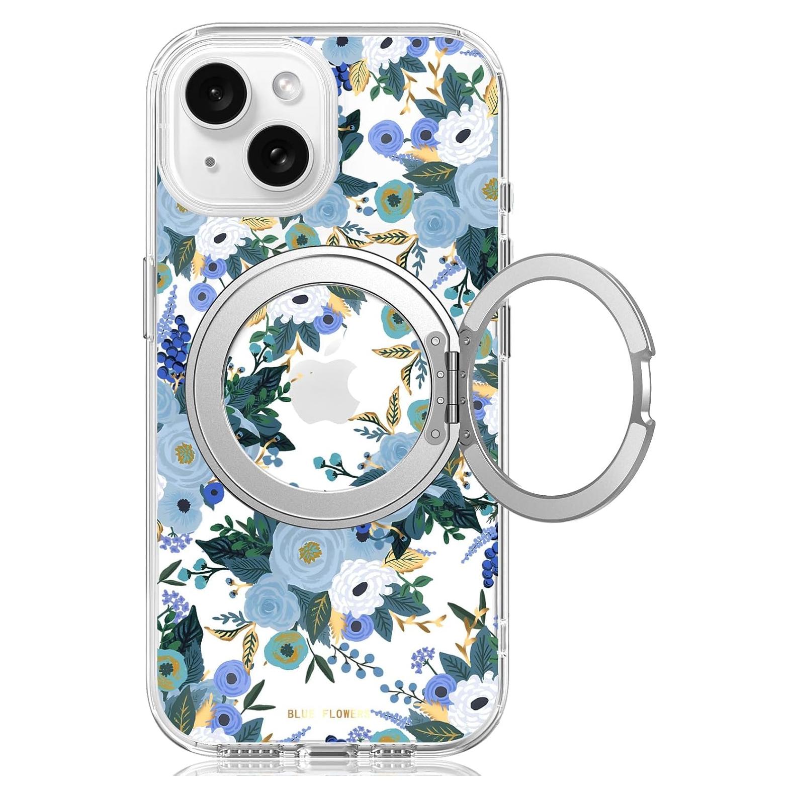 Funda para iPhone 13 FEWGEY Floral Azul con Soporte Magnético 360°