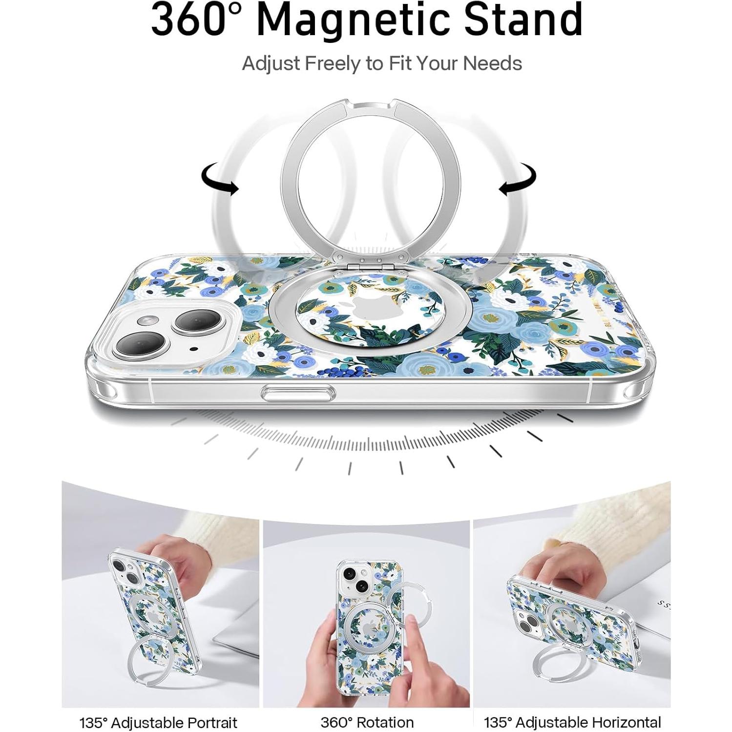 Funda para iPhone 13 FEWGEY Floral Azul con Soporte Magnético 360°