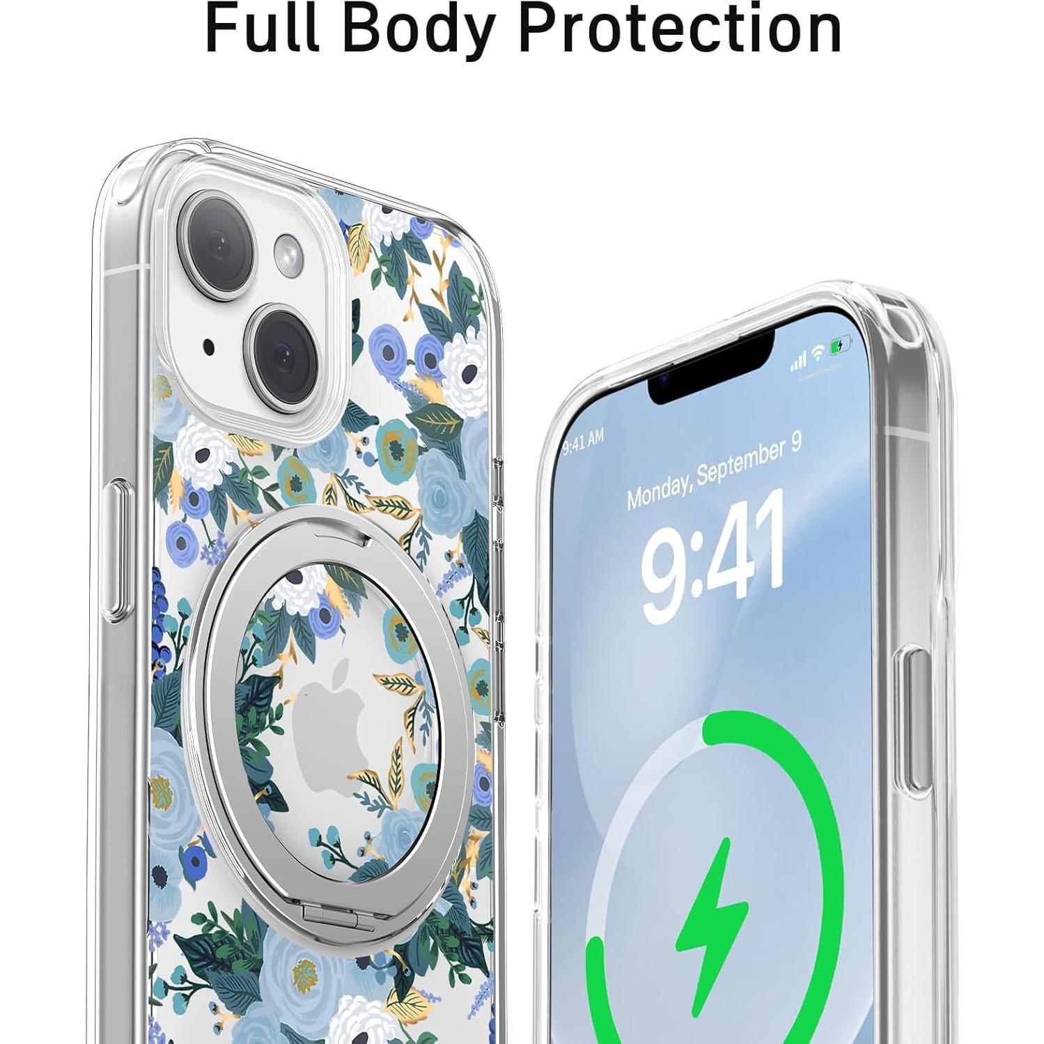 Funda para iPhone 13 FEWGEY Floral Azul con Soporte Magnético 360°