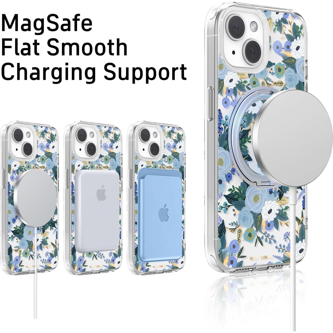 Funda para iPhone 13 FEWGEY Floral Azul con Soporte Magnético 360°