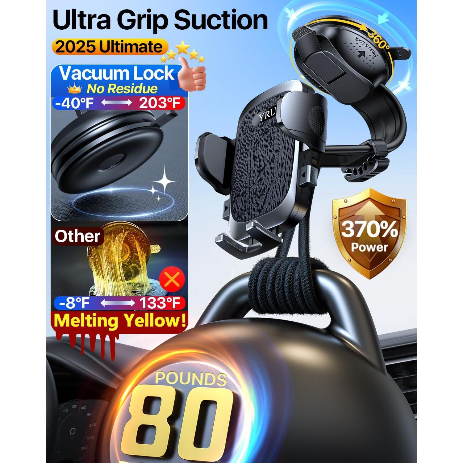 Soporte de Teléfono para Auto YRU 2025 Negro Ajustable 360°