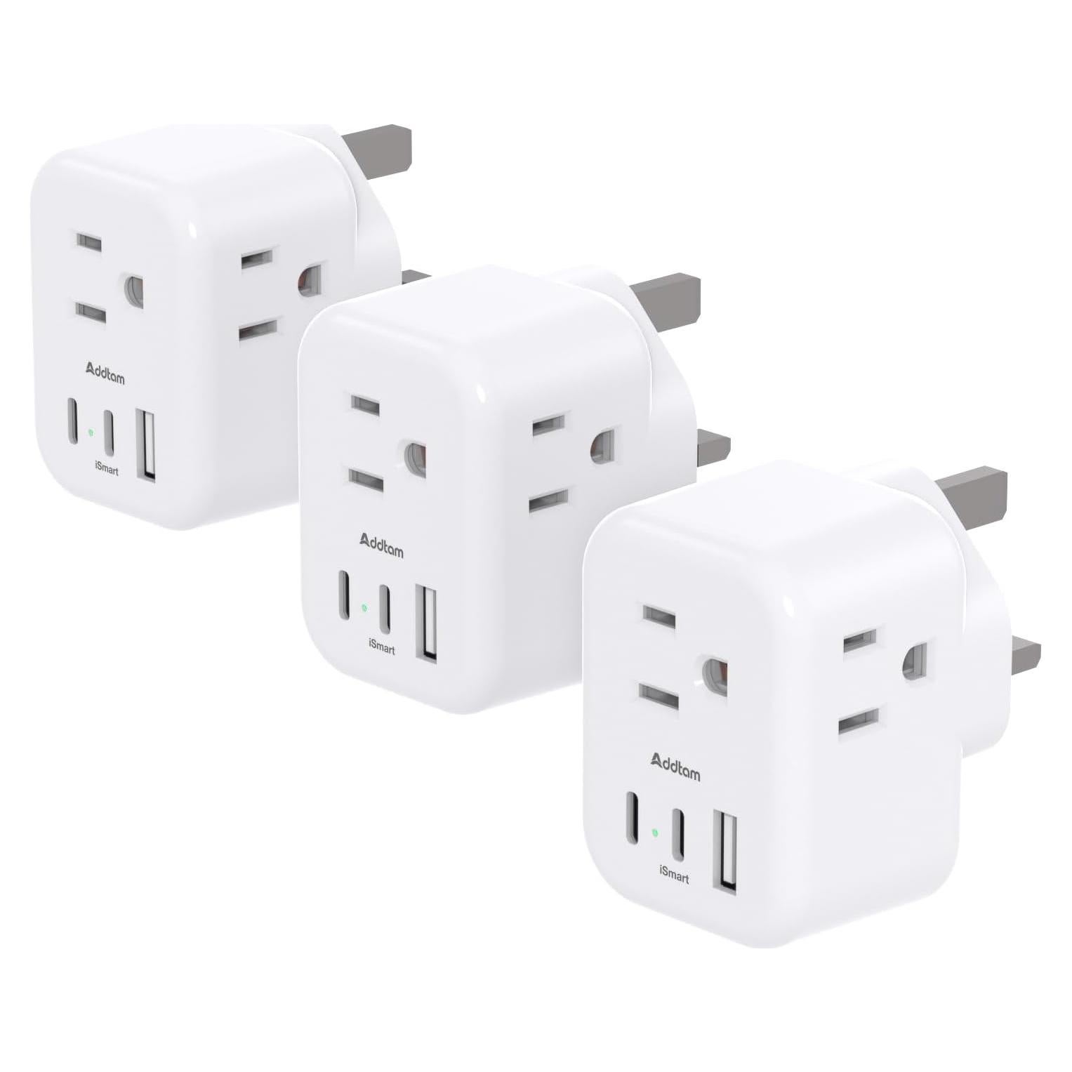 Adaptador de Enchufe Tipo G Addtam 3 Salidas 3 Puertos USB