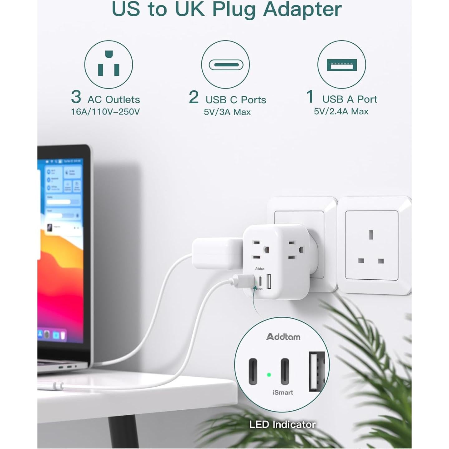 Adaptador de Enchufe Tipo G Addtam 3 Salidas 3 Puertos USB