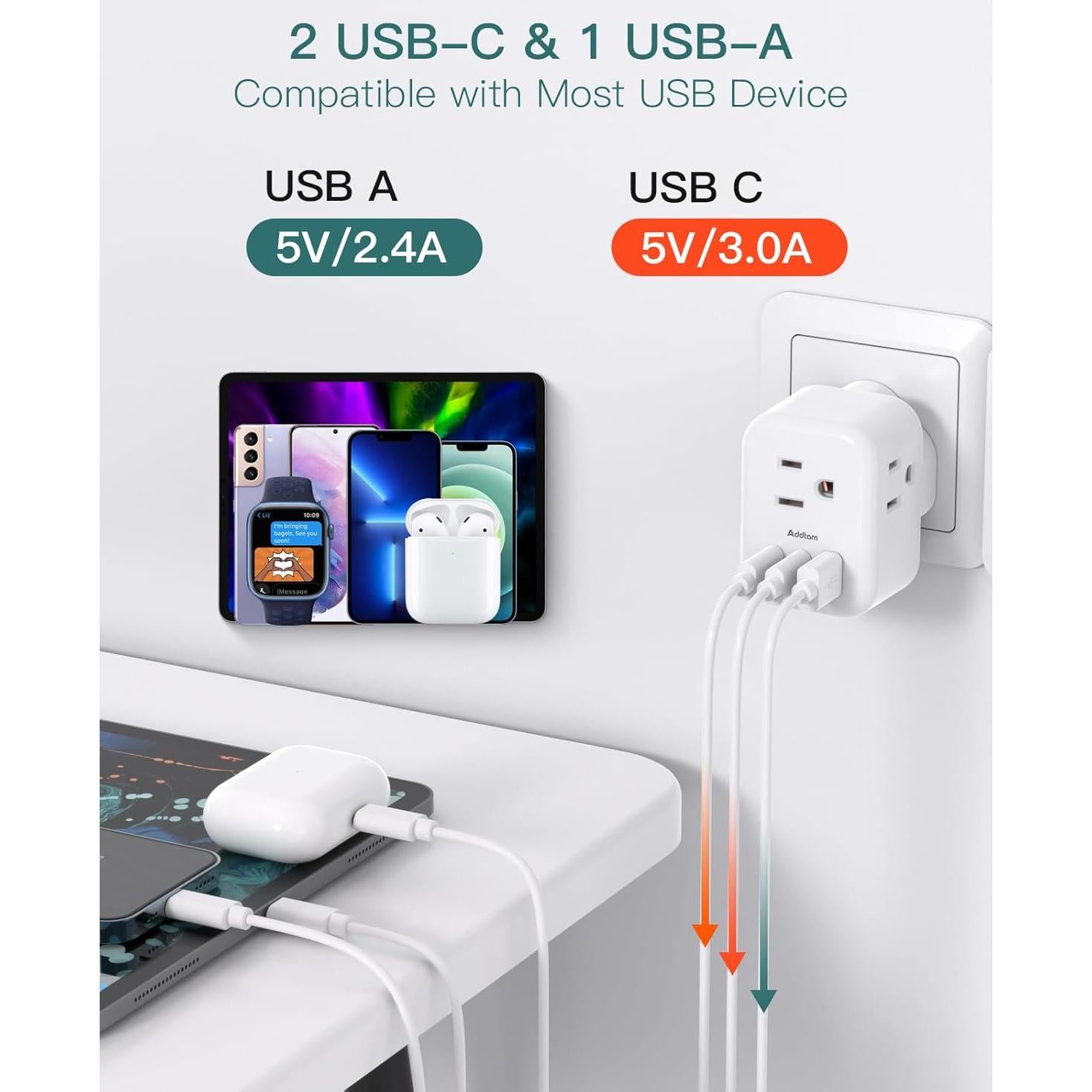 Adaptador de Enchufe Tipo G Addtam 3 Salidas 3 Puertos USB