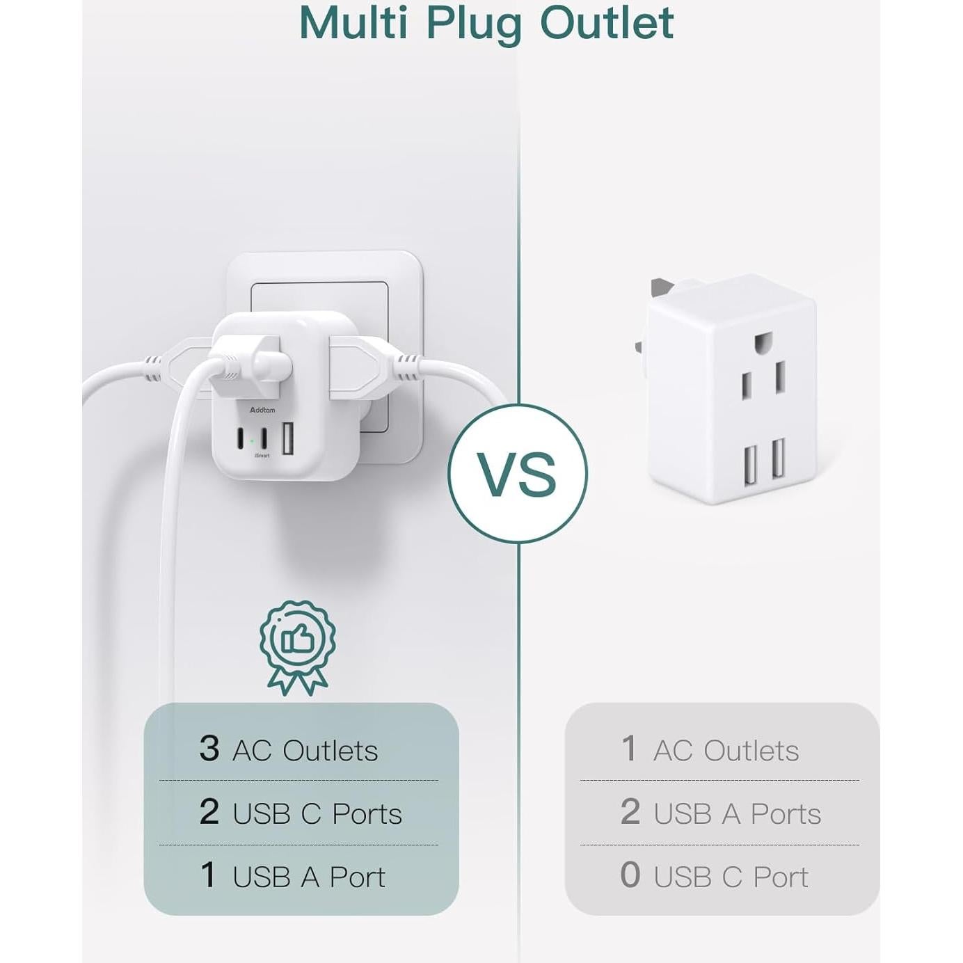 Adaptador de Enchufe Tipo G Addtam 3 Salidas 3 Puertos USB