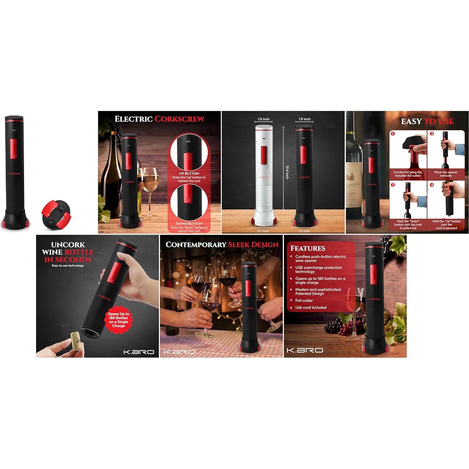 Abridor de Vino Eléctrico K.bro Recargable Negro 180 Botellas