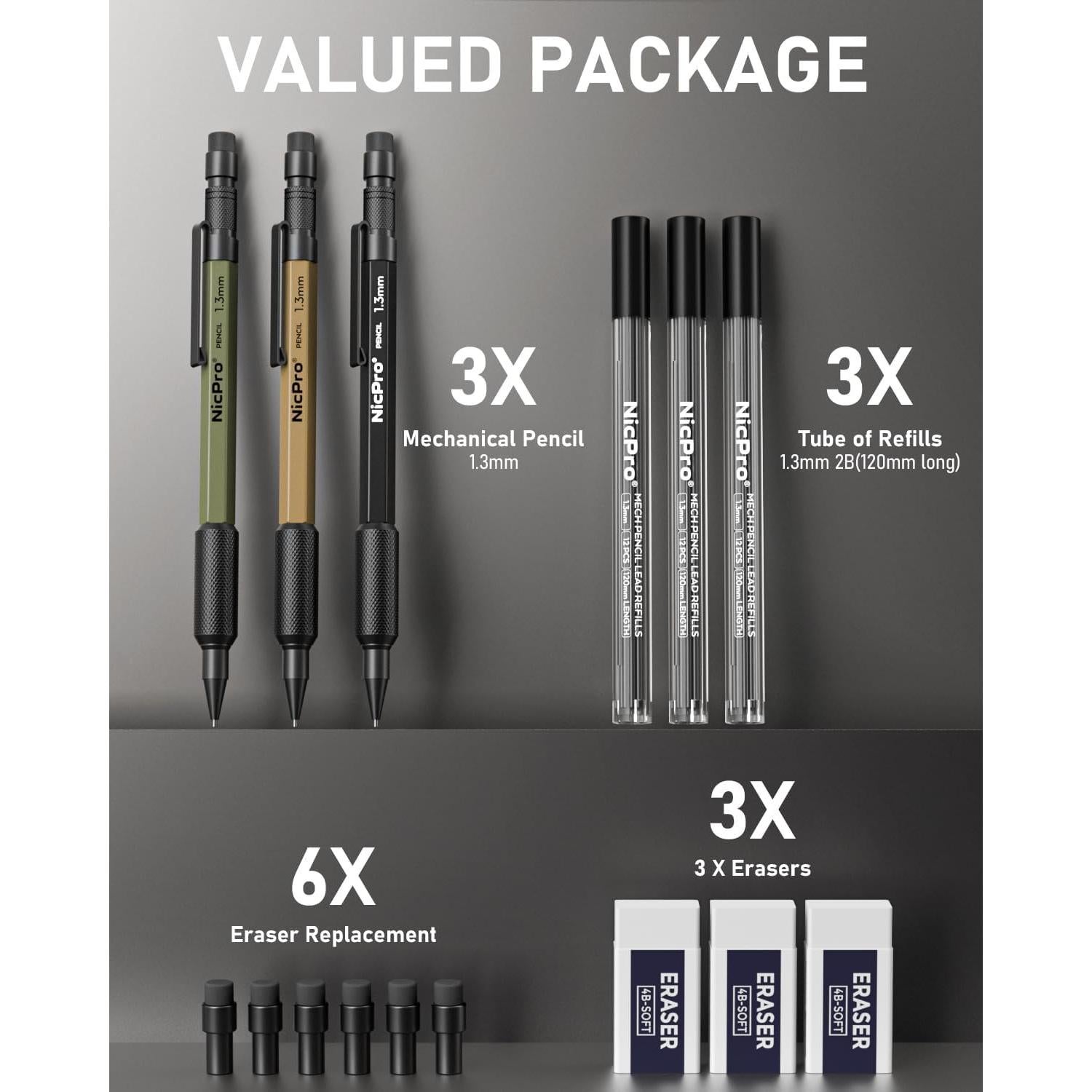 Conjunto de Lápices Mecánicos Nicpro MP2000 1.3mm 3 Colores