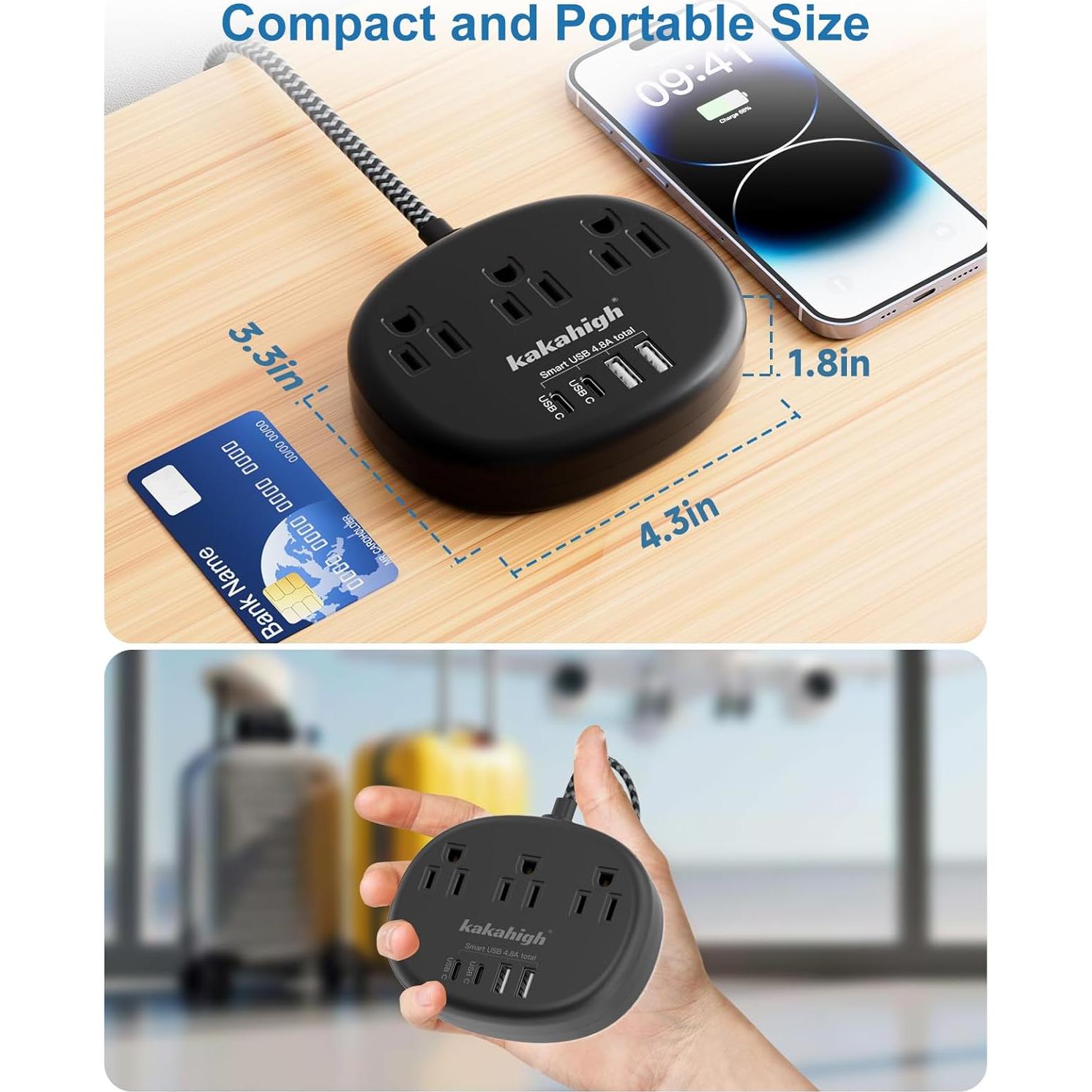 Cable de Extensión KAKAHIGH 5FT Negro con 3 Tomacorrientes y 4 USB