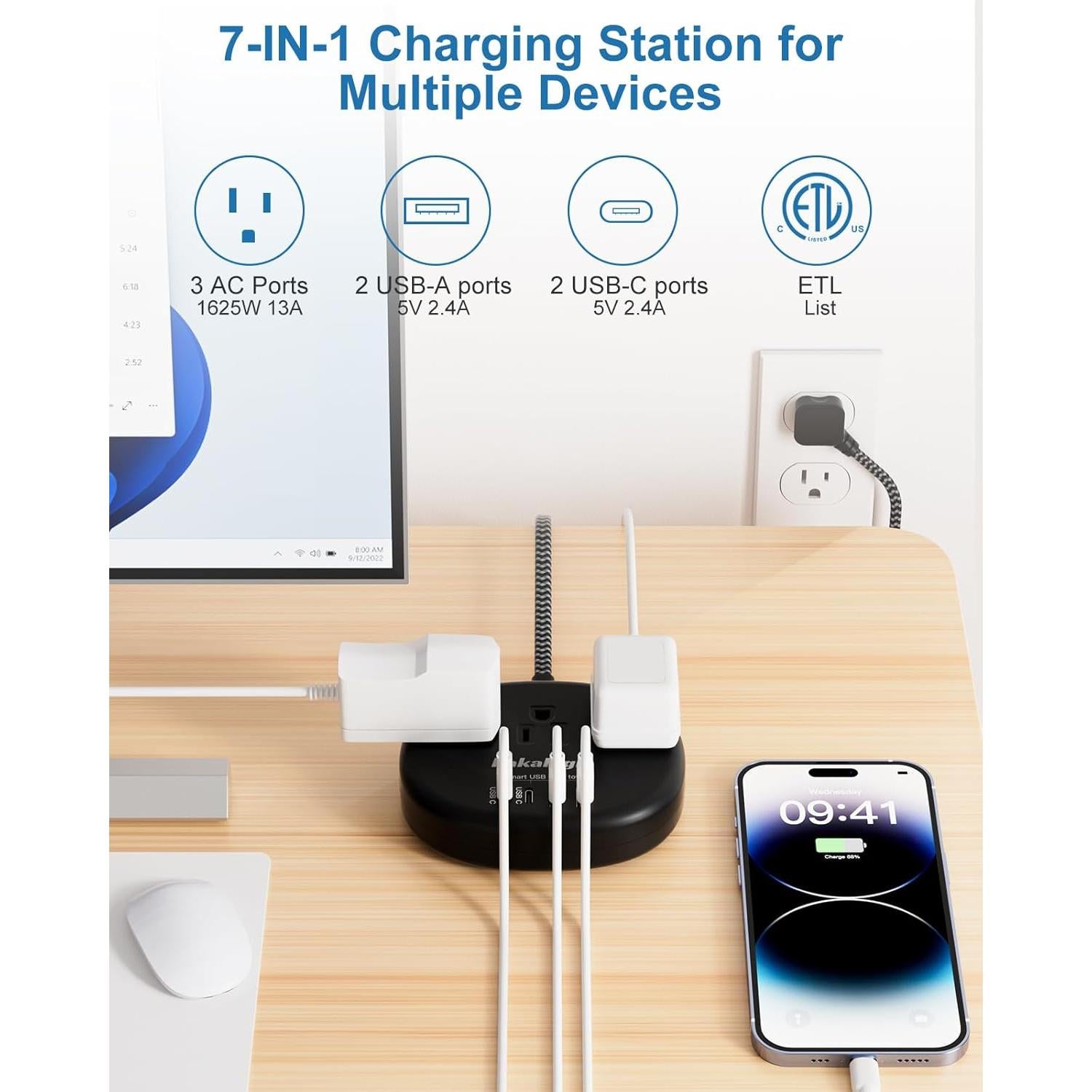 Cable de Extensión KAKAHIGH 5FT Negro con 3 Tomacorrientes y 4 USB