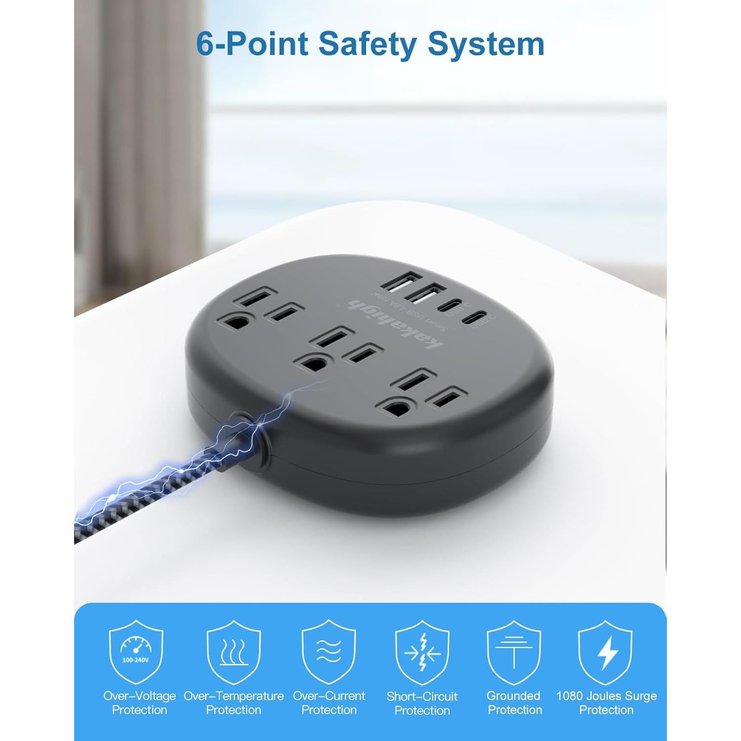 Cable de Extensión KAKAHIGH 5FT Negro con 3 Tomacorrientes y 4 USB