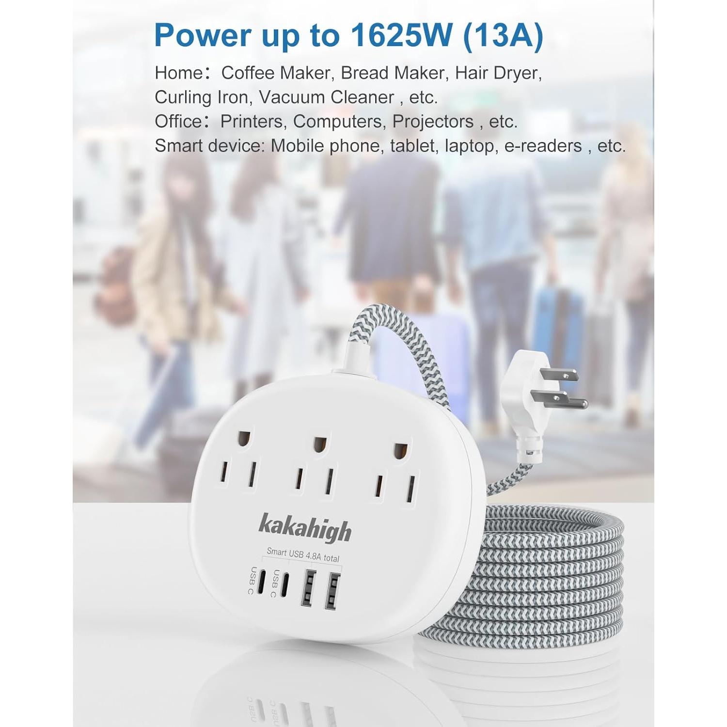 Cable de Extensión KAKAHIGH 5FT Negro con 3 Tomacorrientes y 4 USB